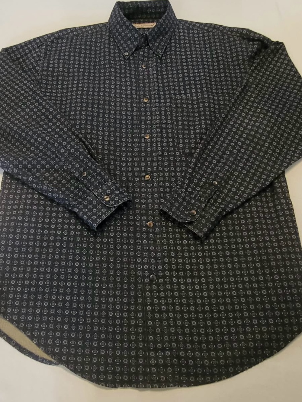 Vintage Bugle Boy Men's Navy Patterned Button-Down Shirt
